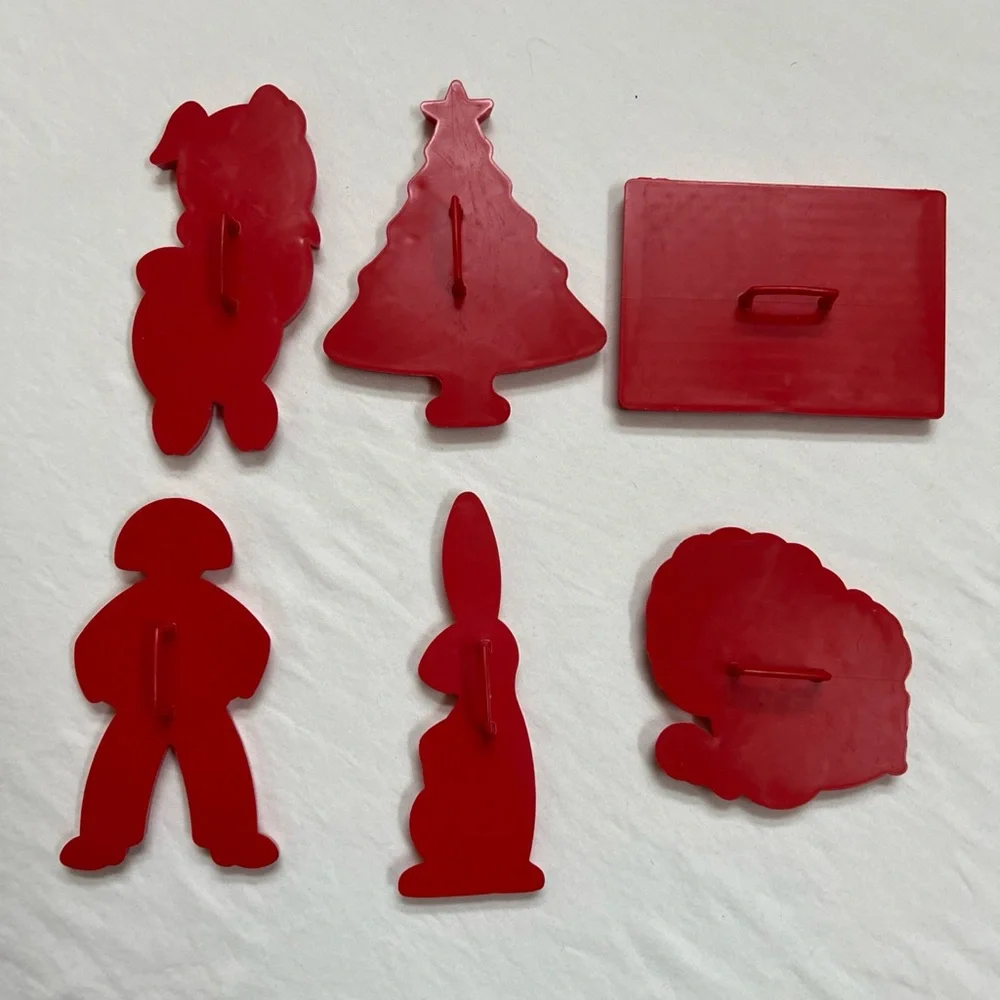 6 Cookie Cutters Red Plastic Vintage Pig Bunny Clown Turkey Flag Christmas Tree